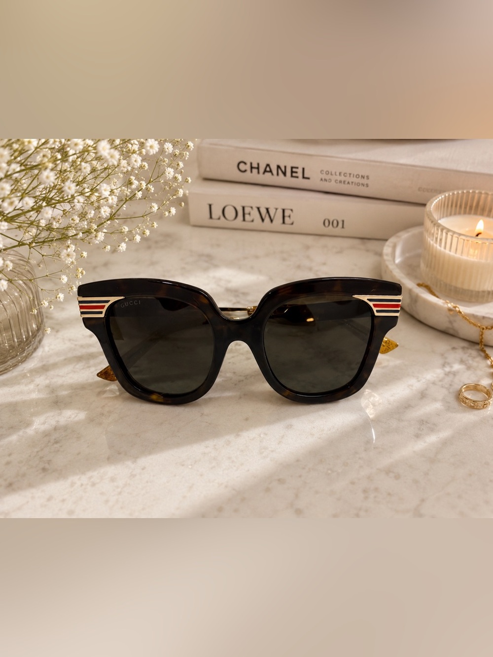 Gucci Sylvie Web Cat Eye Sunglasses Tortoise Gold Red Blue Stripe